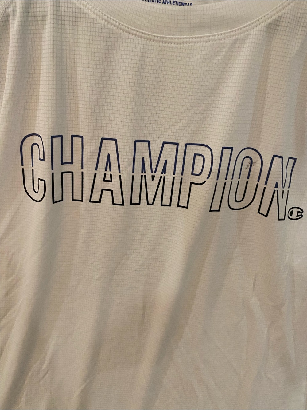 Champion White Tee with Navy Outlined Logo